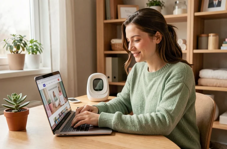 Jeune femme consultant le site web d'une boutique spécialisée pour bébés depuis son bureau à domicile