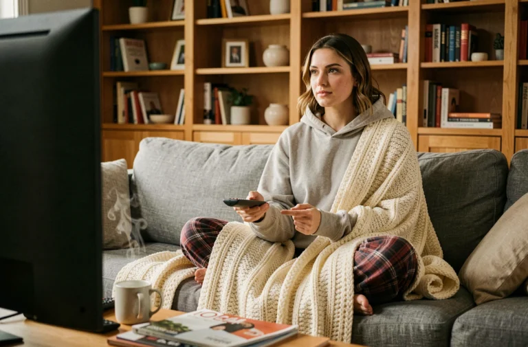 Femme installée confortablement dans son salon pour regarder ses séries TV préférées en 2024