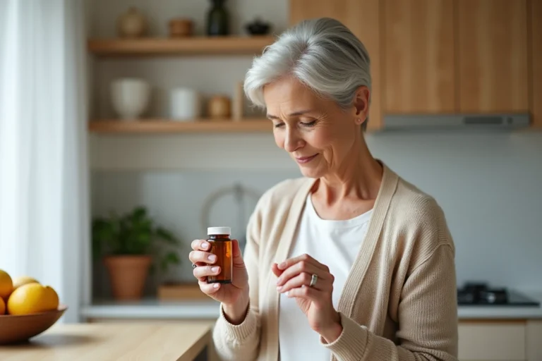 Femme senior lisant les contre-indications d'un complément alimentaire Bion 3 dans sa cuisine