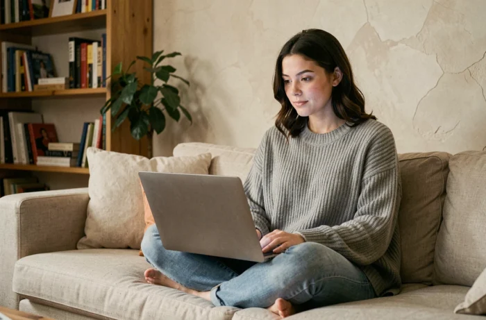 Jeune femme regardant un film en streaming sur son ordinateur portable depuis son canapé à la maison