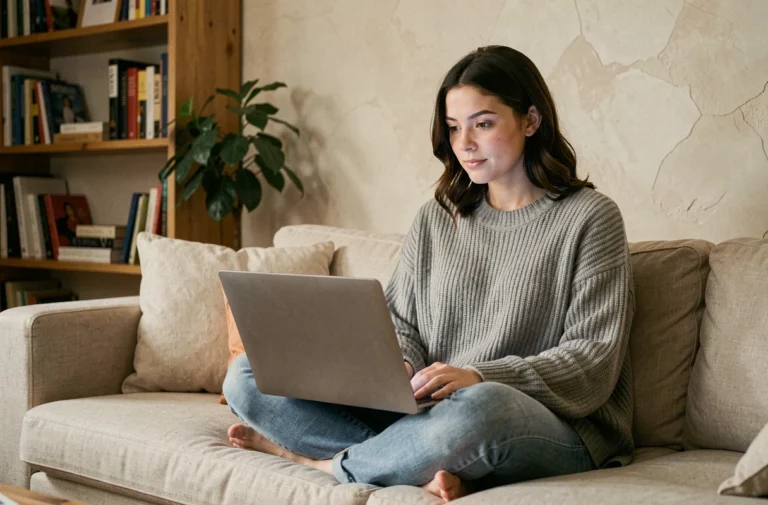 Jeune femme regardant un film en streaming sur son ordinateur portable depuis son canapé à la maison