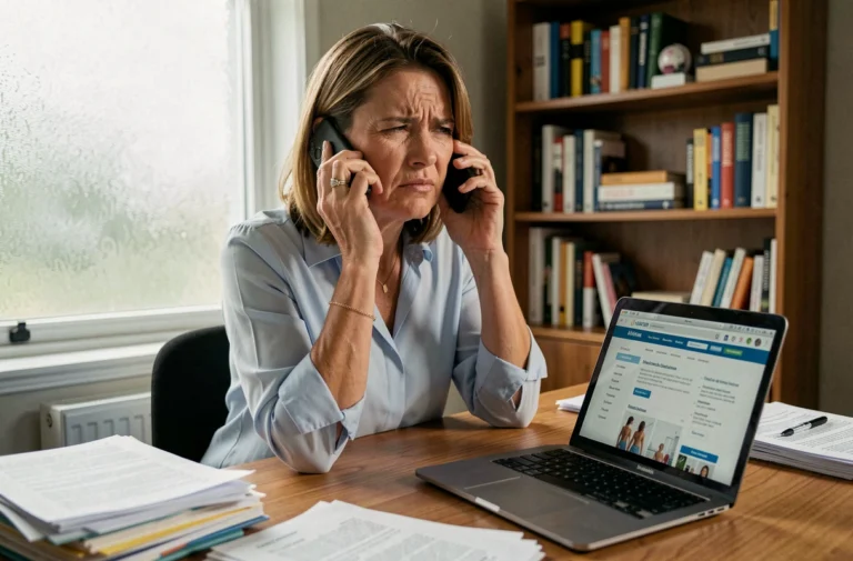 Femme frustrée tentant de joindre la CPAM par téléphone au 3646 depuis son bureau à domicile