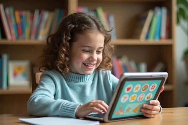 Jeune fille souriante qui joue à un jeu éducatif en ligne sur une tablette dans une salle d'étude à la maison