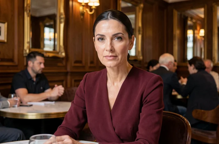 Portrait intimiste d'une femme élégante dans une brasserie parisienne traditionnelle, ambiance chaleureuse
