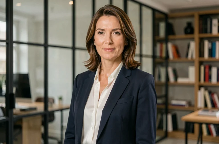 Portrait élégant d'une femme journaliste dans un bureau parisien moderne, style éditorial professionnel