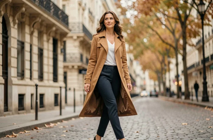 Femme élégante en trench coat camel marchant dans une rue haussmannienne de Paris en automne