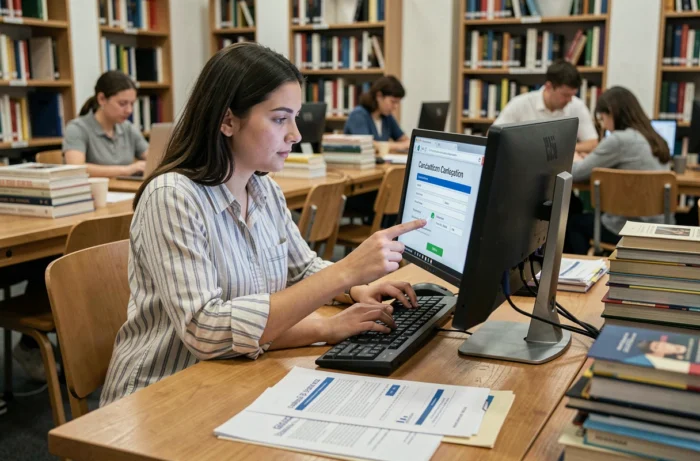 Jeune femme remplissant un formulaire d'annulation de rendez-vous en préfecture sur ordinateur