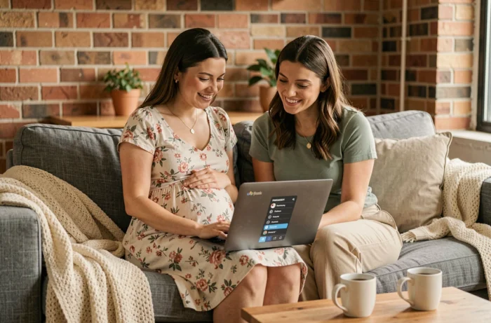 Deux amies dont une femme enceinte explorant ensemble un site de conseils maternité et bébé sur un ordinateur portable dans un salon cosy