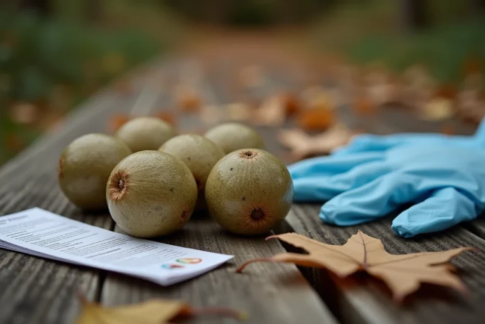 Galles de chêne séchées posées sur une table en bois avec gants de protection et brochure d'information sanitaire