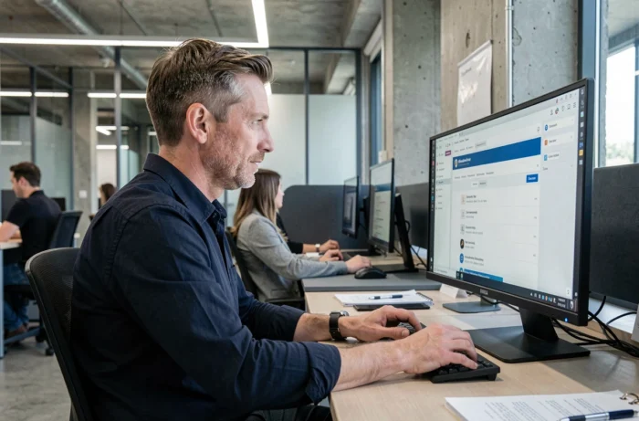 Homme gérant ses documents en ligne sur Arkevia dans un espace de coworking professionnel