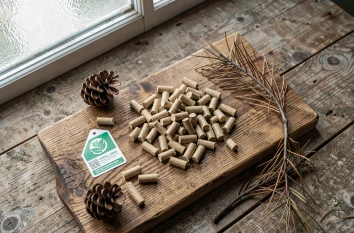 Granulés de bois en gros plan sur planche de chêne avec label écologique, pomme de pin et branche de pin, symboles d'énergie renouvelable