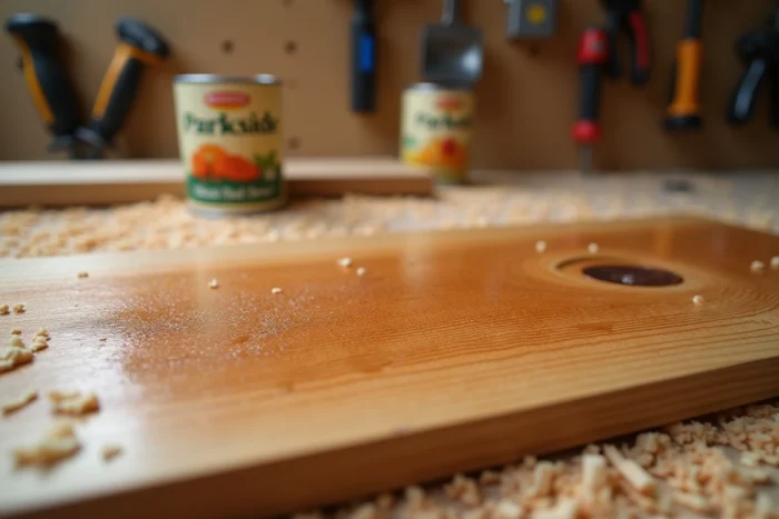 Gros plan sur une planche en bois de pin avec la lasure Parkside Lidl fraîchement appliquée, révélant les détails du grain et la teinte ambrée