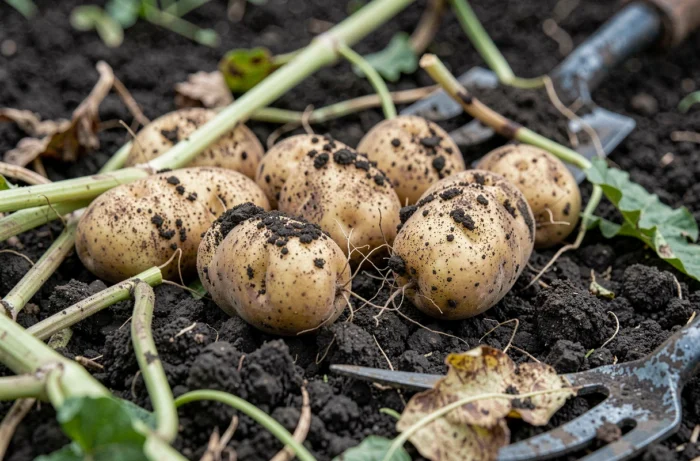 Gros plan de pommes de terre fraîchement déterrées posées sur un sol de jardin humide avec racines et terre visible