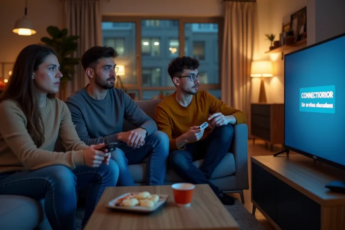 Groupe de personnes confuses devant une télévision affichant un message d'erreur de connexion à un service de streaming