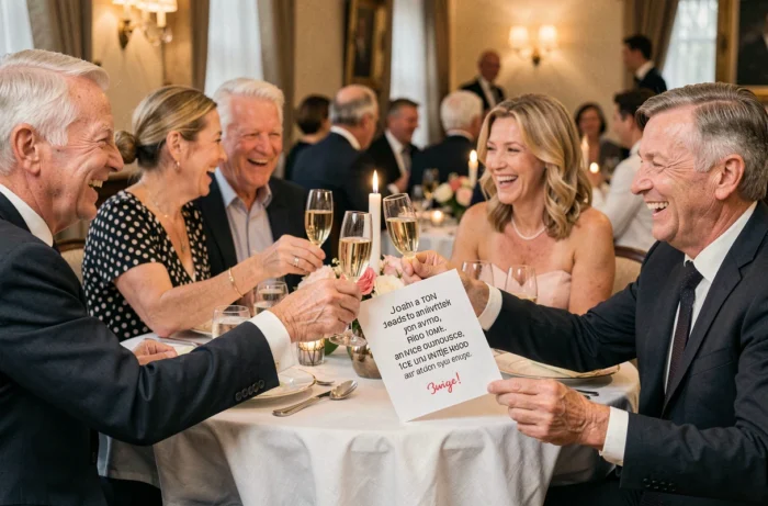 Groupe d'amis levant leurs coupes en riant lors d'une fête de 40 ans de mariage avec un discours humoristique