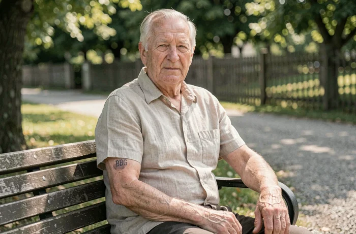 Homme âgé montrant la cicatrice du BCG sur son bras dans un parc, témoignage de vaccination