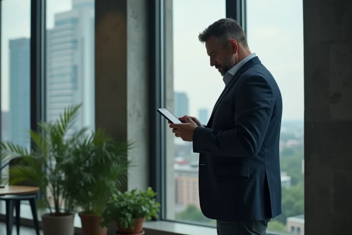 Homme consultant une application d'actualités en temps réel sur smartphone dans un espace de coworking urbain