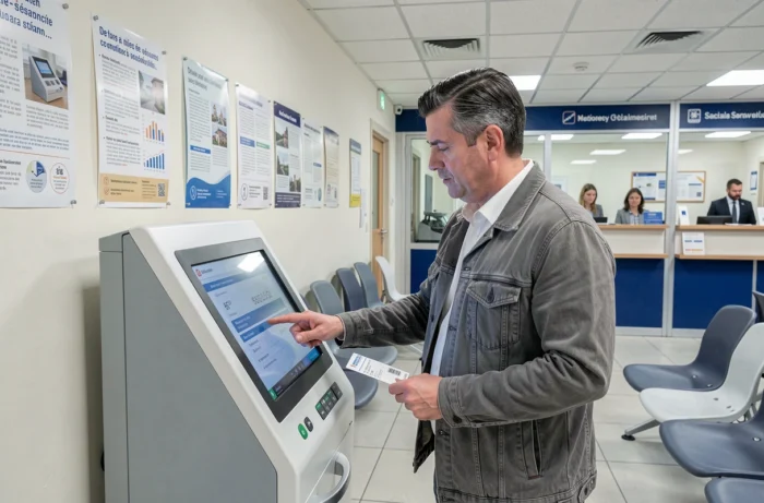 Homme utilisant une borne interactive dans une agence CPAM comme alternative au 3646