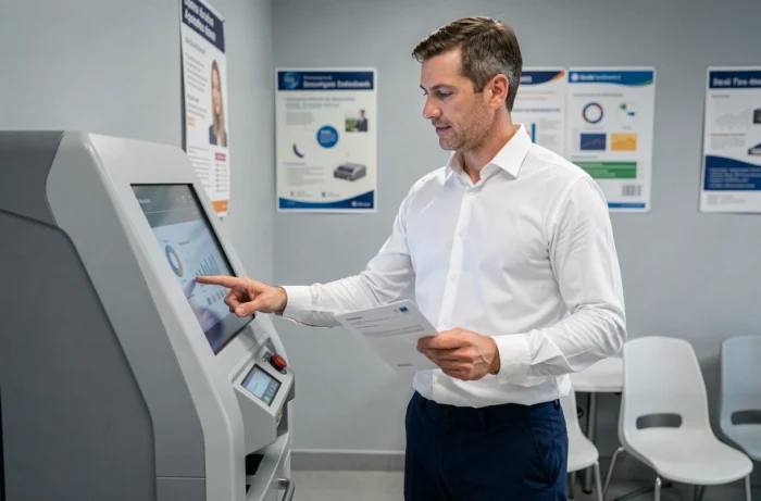 Homme utilisant une borne Pôle emploi en agence pour gérer ses droits aux allocations chômage