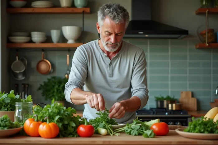 Homme préparant des légumes frais dans une cuisine rustique, loisir culinaire pour occuper agréablement son temps libre