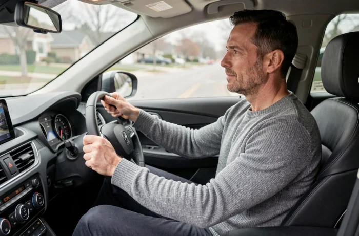 Homme au volant d'un SUV compact lors d'un essai routier, test drive pour choisir la voiture idéale