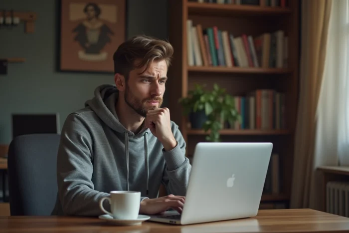 Homme frustré devant un écran d'ordinateur affichant une page d'erreur, symbolisant l'arrêt d'un site de streaming