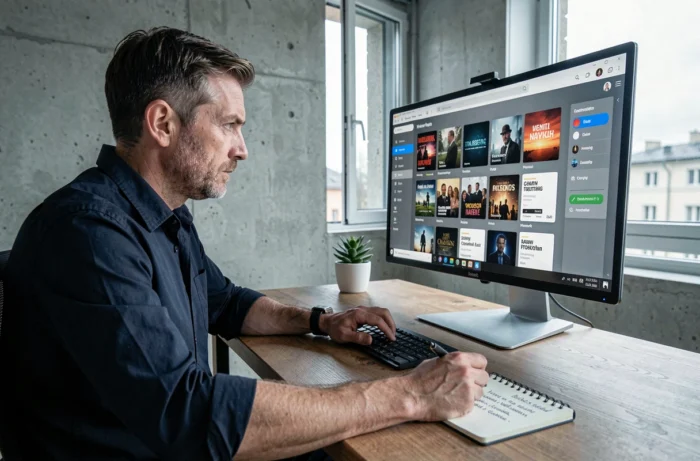 Homme consultant un guide de séries TV sur son écran d'ordinateur dans un bureau à domicile