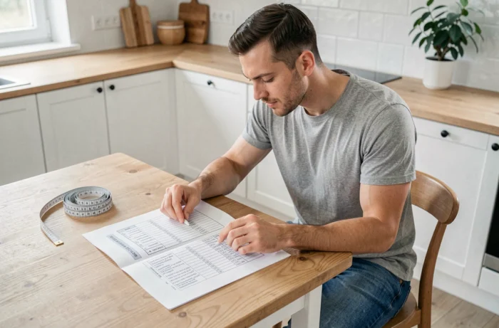 Homme consultant un guide des tailles avec un tableau de correspondance tour de taille dans une cuisine moderne