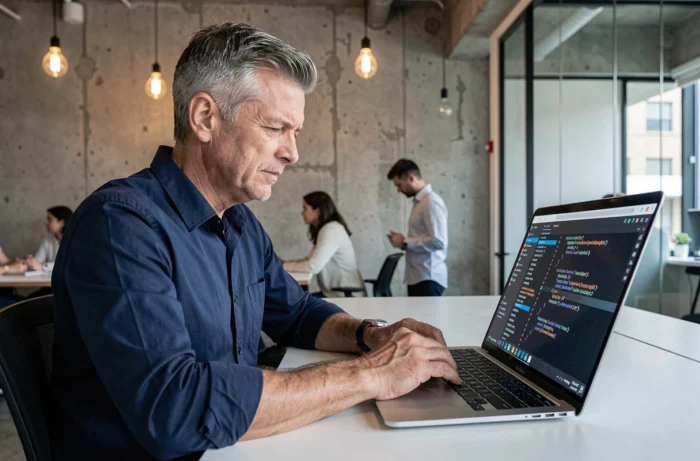 Homme en chemise bleue consultant le code source HTML dans les outils développeur d'un navigateur au bureau