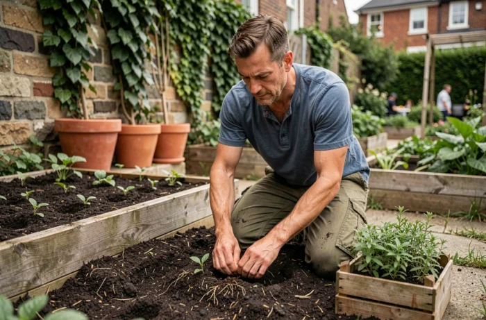 Homme jardinage potager urbain, activité de plein air pour profiter de son temps libre