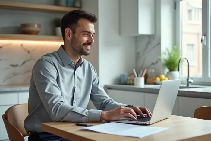 Homme consultant un modèle de document Word pour pré-état daté sur son ordinateur portable à domicile