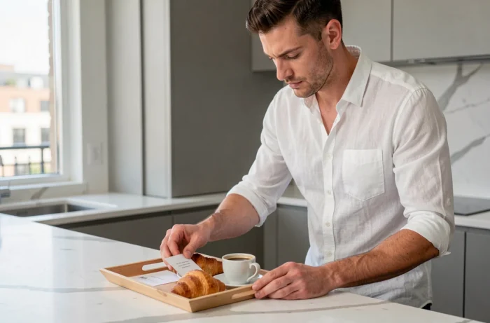 Homme déposant un mot d'amour sur un plateau de petit-déjeuner dans une cuisine moderne et épurée