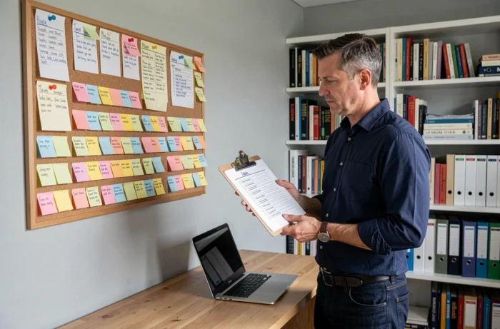 Homme organisé consultant un tableau de listes thématiques dans un bureau à domicile