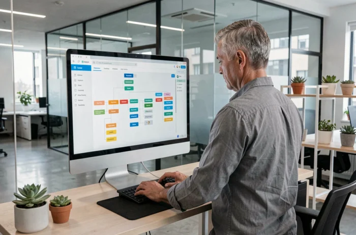 Homme consultant le plan du site Daily Live sur un grand écran dans un bureau moderne en open space