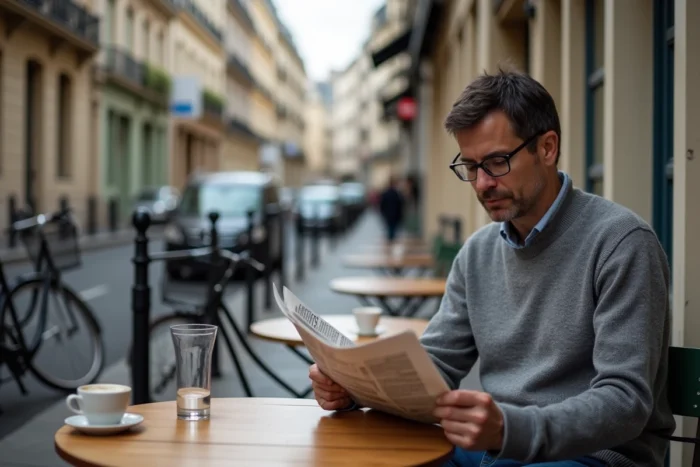 Homme politique en moment de détente dans un café parisien, lecture du journal en terrasse