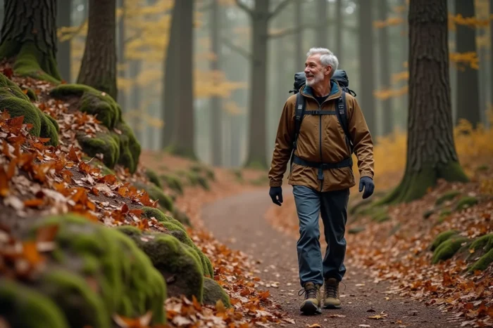 Homme en randonnée sur un sentier forestier en automne entouré de feuilles colorées