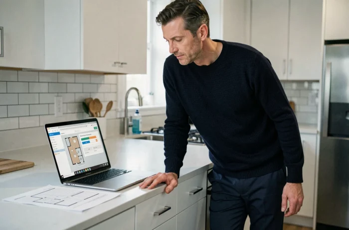Homme analysant une simulation de prêt immobilier sur ordinateur portable dans une cuisine moderne, illustration d'un projet immobilier en ligne