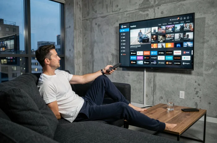 Homme parcourant un catalogue de films en streaming gratuit sur une télévision connectée dans un appartement moderne