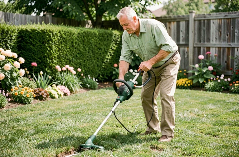 Homme utilisant un taille-bordure électrique pour entretenir les bords d'une pelouse dans un jardin fleuri en été