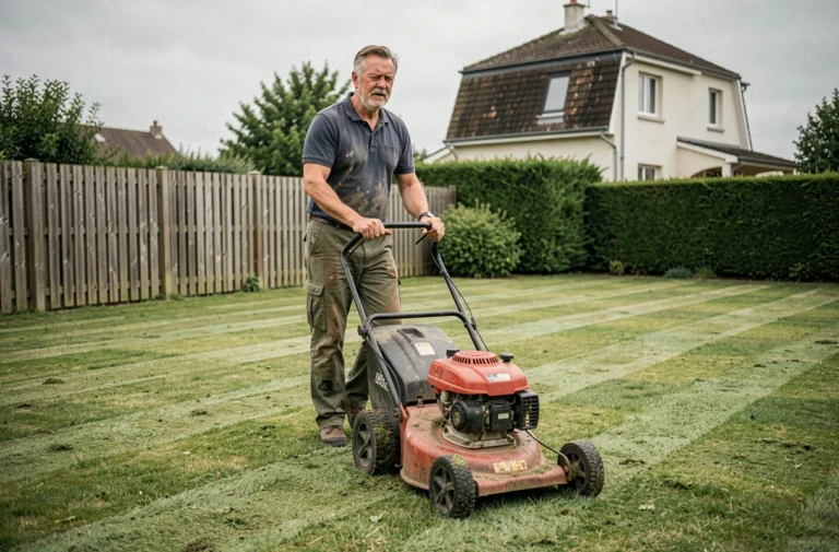 Homme utilisant une tondeuse thermique sur une pelouse résidentielle en France
