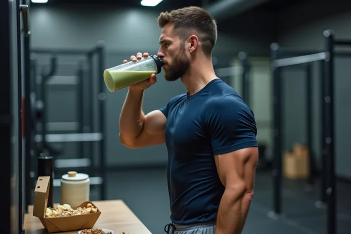 Sportif se hydratant avec un smoothie protéiné et des encas sains dans une salle de sport après l'entraînement