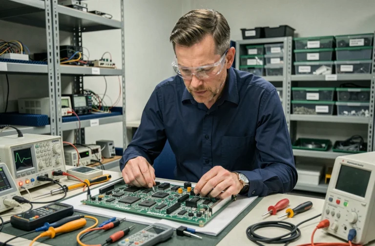 Ingénieur inspectant une carte de circuit imprimé industrielle dans un laboratoire d'électronique moderne
