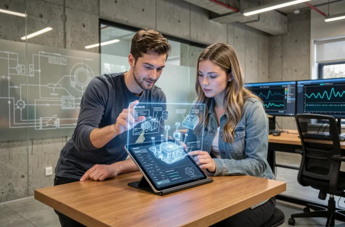 Deux ingénieurs collaborant sur des schémas de capteurs industriels en réalité augmentée dans un hub d'innovation électronique