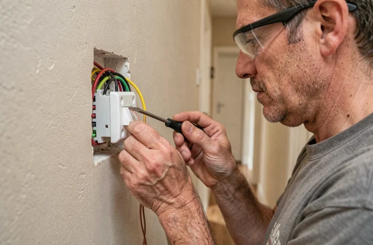 Électricien connectant les fils d'un interrupteur va-et-vient sur un mur de maison