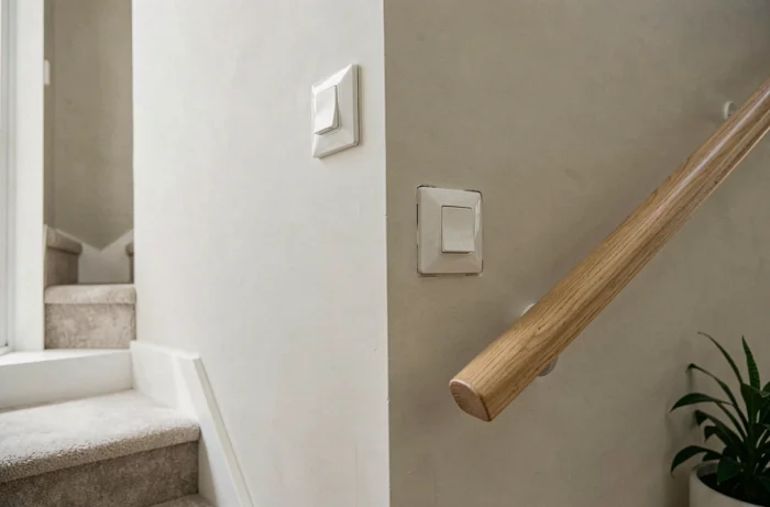 Double interrupteur va-et-vient installé en haut et en bas d'un escalier moderne