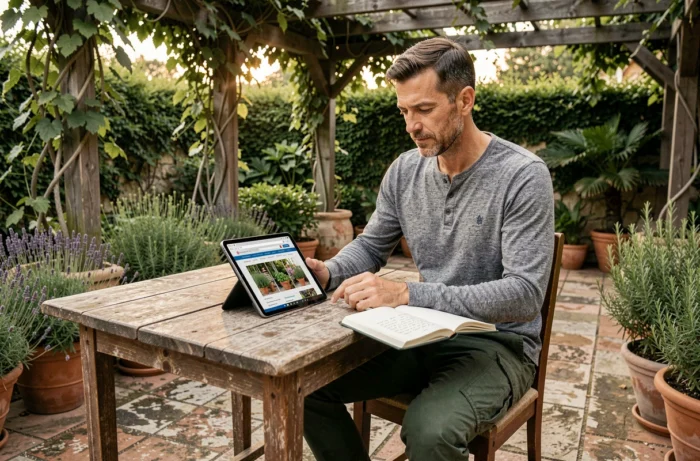 Homme jardinier consultant une plateforme de jardinage en ligne sur une tablette sous une pergola entourée de plantes aromatiques