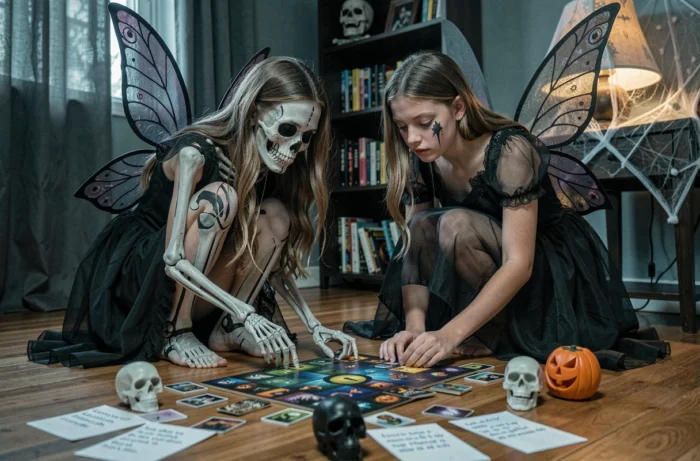 Deux adolescentes déguisées en Halloween jouant à un jeu de société mystère sur le sol d'une chambre décorée
