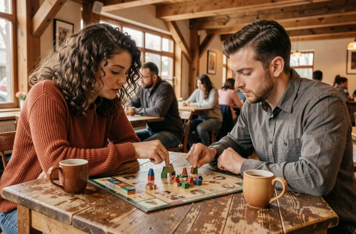 Deux amis jouant à un jeu de société dans un café chaleureux, loisir convivial pour s'épanouir pendant son temps libre