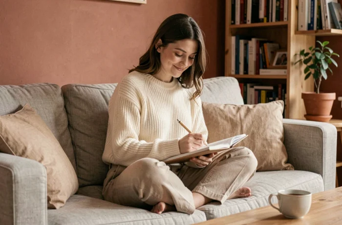 Jeune femme épanouie écrivant dans son journal intime sur un canapé cosy dans son appartement chaleureux