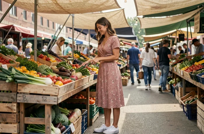 Jeune femme indépendante choisissant des légumes frais au marché en plein air, mode de vie sain et épanoui